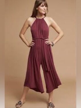 Anthropologie HD in Paris Adelina Jumpsuit Burgundy Wide Leg Halter Culotte S